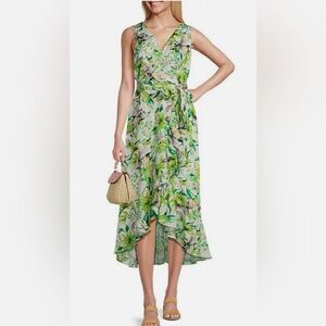 Leslie Fay Green Floral Midi Wrap Dress Size 10 NWT